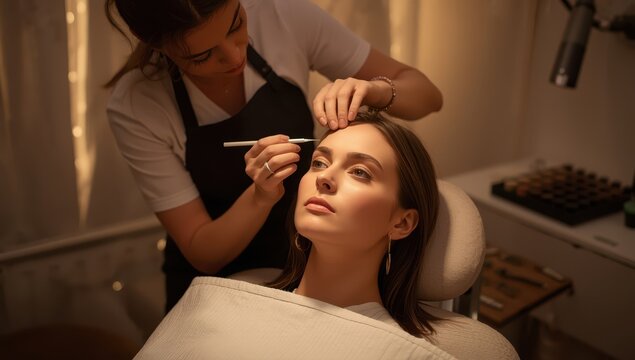 Technician applies thread to woman's forehead for eyebrow shaping and coloring.