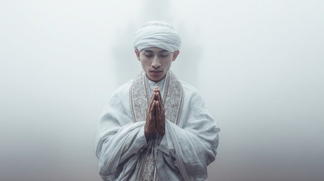 Young man in white robes praying with hands together