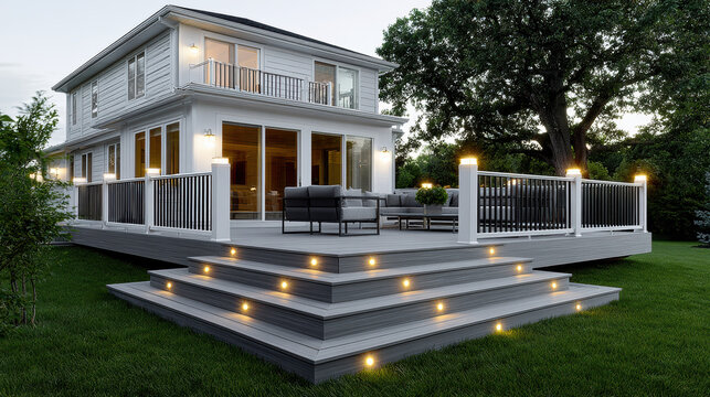 Modern composite deck with LED stair lights, outdoor seating, large windows, white railing, lush green lawn, evening ambiance, spacious backyard