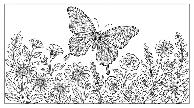 Intricate butterfly and floral coloring page for adults detailed line art illustration