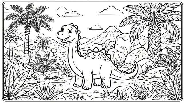 Dinosaur coloring page brachiosaurus in jungle landscape for kids and toddlers