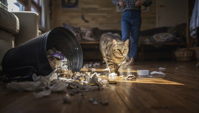 The cat knocked over the trash indoors, and a woman reprimands it.