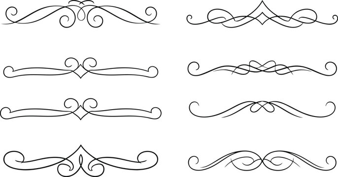 Collection of elegant swirling line art designs and ornate borders isolated on white background