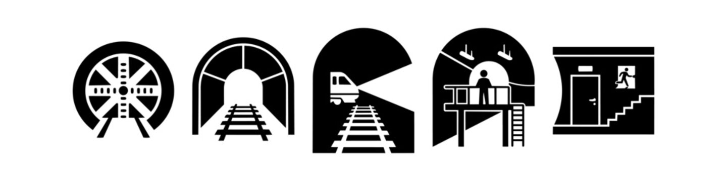 A set of five black and white vector icons representing subway tunnel construction, railway tracks, a metro train, maintenance workers, and emergency exit procedures.