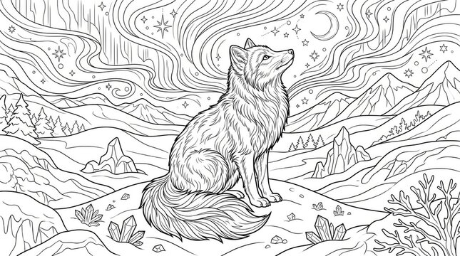 Silhouette wolf under starry night sky coloring page