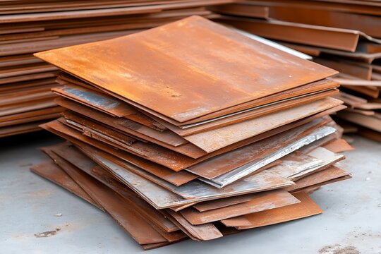 Stack of Rusted Copper Sheets with Varied Sizes and Weathered Surface Texture for Industrial or Artistic Use