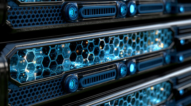 Server rack front panel with hexagonal blue design elements, sleek futuristic appearance, efficient processing and storage concept, modern technology, data center rack, cloud hardware, with