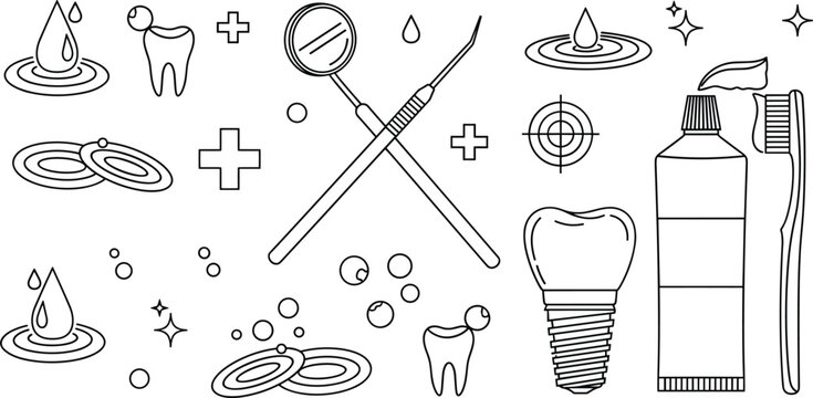 Oral hygiene and dental clinic line art vector icon set with toothbrush toothpaste implant mirror explorer medical cross