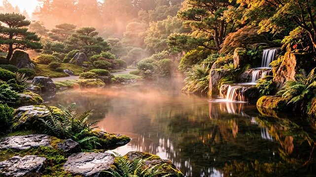 Lush Japanese garden at warm first light with a tiered stone waterfall, rising mist and a still mirror-reflection pond framed by pine and ferns &mdash; seamless looping zen nature background
