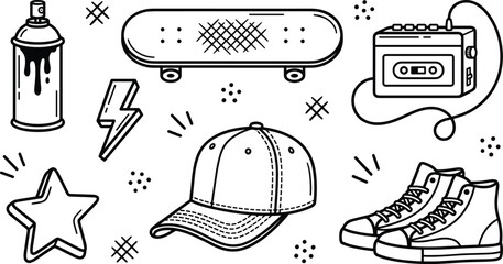 Retro urban street style skateboard doodle element set spray can cassette player cap line art vectors © AKTAR