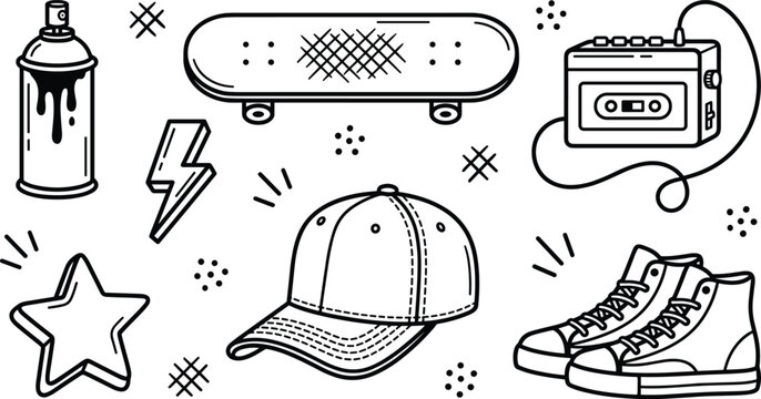 Retro urban street style skateboard doodle element set spray can cassette player cap line art vectors