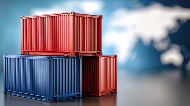 Miniature red and blue shipping containers stacked against a blurred blue background with a globe depicting global logistics and trade