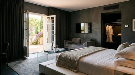 Fototapeta premium Luxury Dark Hotel Suite Interior with Open Balcony Door, Wine Bottle and Modern Furnishings