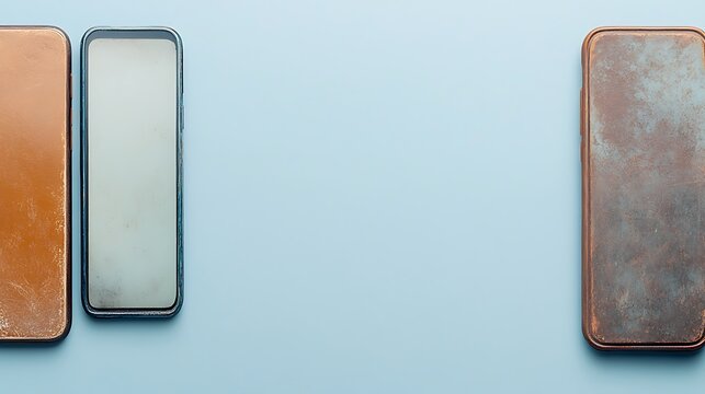 Modern smartphones with protective cases on pastel blue background, minimalistic flat lay design