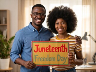 Happy african american couple holding a juneteenth freedom day sign
