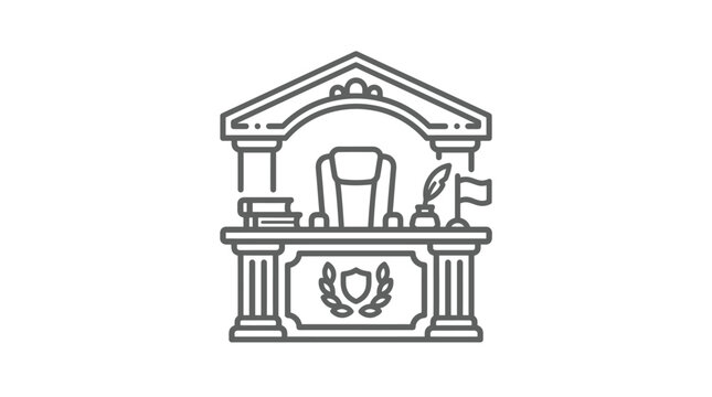 Ornate judicial bench icon with gavel and law books.