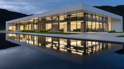 Fototapeta premium Modern glass building exterior with illuminated office interior, mountain backdrop, and water reflection dusk, showcasing contemporary architecture