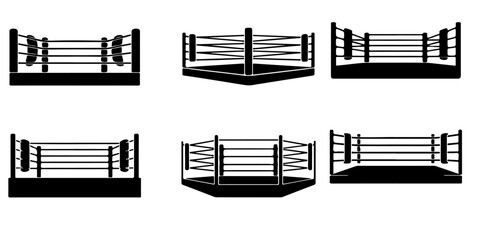 boxing ring Wrestling ring silhouette icon isolated on light background, combat sports arena with ropes and corner posts, black graphic symbol for competition themes © MSTROUJATOUS