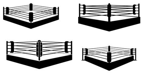 boxing ring Wrestling ring silhouette icon isolated on light background, combat sports arena with ropes and corner posts, black graphic symbol for competition themes © MSTROUJATOUS