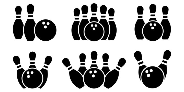 Bowling Game Equipment Icons with Pins and Ball Designs Bowling pins and bowling ball icon set in outline and solid styles