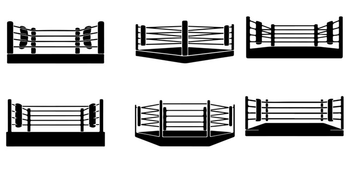 boxing ring Wrestling ring silhouette icon isolated on light background, combat sports arena with ropes and corner posts, black graphic symbol for competition themes