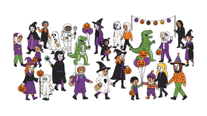 Fototapeta premium Halloween Celebration: A vibrant and whimsical illustration depicts a diverse group of children dressed in imaginative Halloween costumes.