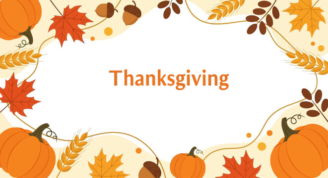 Thanksgiving flat vector background with autumn leaves pumpkins and wheat stalks for seasonal holiday celebration and harvest greeting card design
