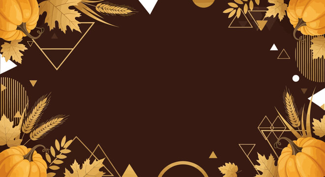 Thanksgiving harvest poster background vector with golden autumn pumpkins and maple leaf elements