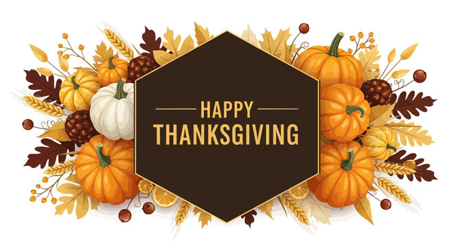 Happy Thanksgiving greeting vector card with autumn pumpkins and fallen leaves on white background