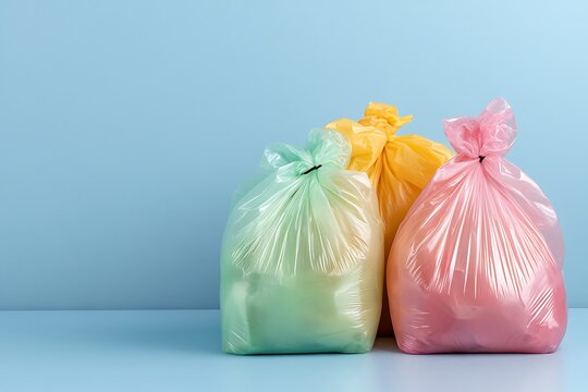 Three pastel-colored garbage bags tied at the top sitting on a blue surface against a light blue background