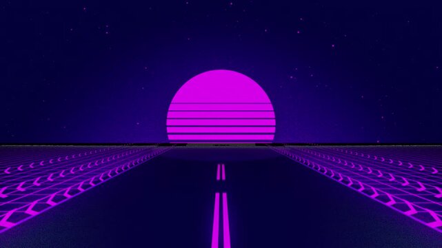 Retro Synthwave Sunset Landscape with Glowing Grid Horizon.