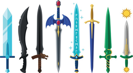 Fototapeta premium Fantasy Sword Collection Vector Set Featuring Magical Weapons, Medieval Blades, Dragon-Inspired Swords, RPG Equipment, and Epic Adventure Elements
