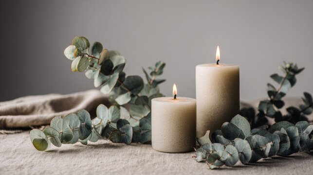  table decor, candles and eucalyptus leaves, neutral color palette