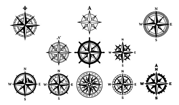 Compass Rose Star Icon Vector Collection with Nautical Navigation Silhouette Design
