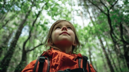 Naklejka premium Explore adventure outdoor in National Park. A young girl in an orange jacket looking up at the sky, surrounded by lush green trees.