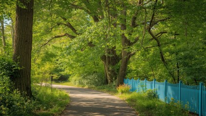 Fototapeta premium Trail among foliage and upright azure barrier.