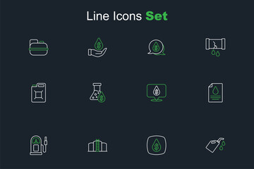 Naklejka premium Set line Canister for motor machine oil, Oil drop with dollar symbol, tank storage, Petrol gas station, Contract money and pen, petrol test tube and gasoline icon. Vector