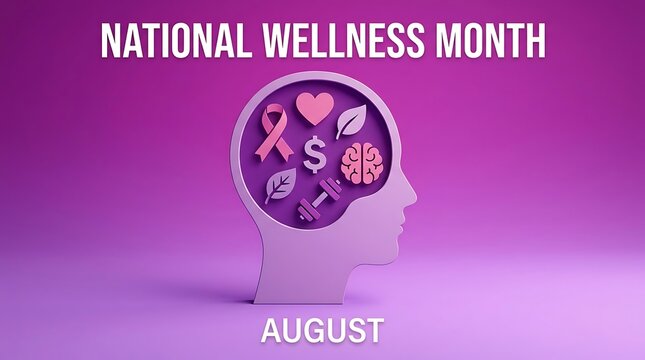 Creative illustration for national wellness month featuring brain health love and fitness symbols in august