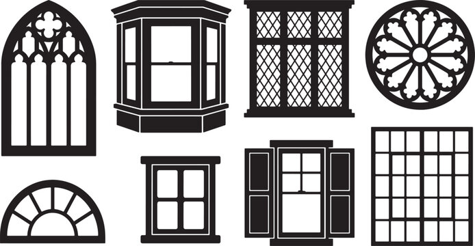 Set of black and white architectural window icons and silhouettes including Gothic, bay, and rose designs.