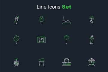 Set line Attraction carousel, Roller coaster, Magician hat, Unicycle, Paper glass with water, Lollipop, Casino win and Cotton candy icon. Vector © Iryna
