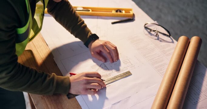 Man, hands or architect with blueprint on construction site for building design or planning. Above, person or civil engineer writing with floor layout for architecture project, ruler or development
