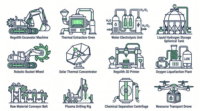 Futuristic space mining and extraterrestrial resource extraction technology line icons set
