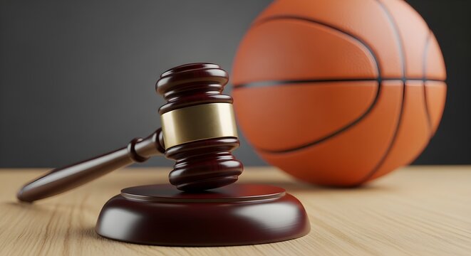 Legal dispute over basketball gavel and ball representing sports law and contract negotiations