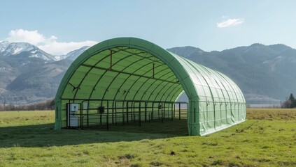 Naklejka premium Curved tent made of durable light green PVC, suitable for year-round use as an open tunnel structure, stable in horse pastures.