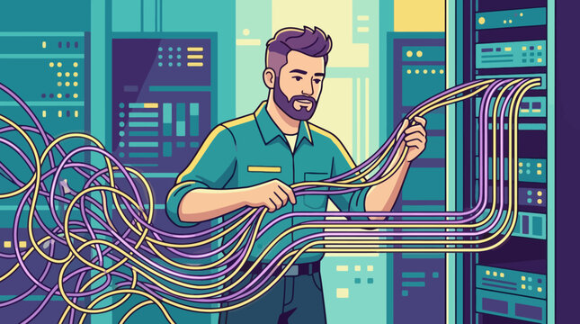 IT technician organizing colorful network cables in a server room vector illustration. EPS Editable