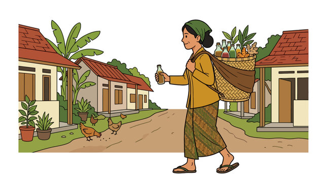 Indonesian woman selling traditional herbal medicine jamu gendong walking in a rural village illustration. EPS Editable