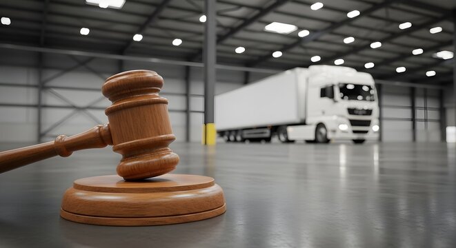 Logistics law concept gavel resting before a commercial truck in a large warehouse setting