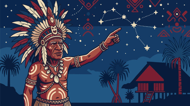 Indigenous chief pointing at constellation in starry night sky vector illustration. EPS Editable