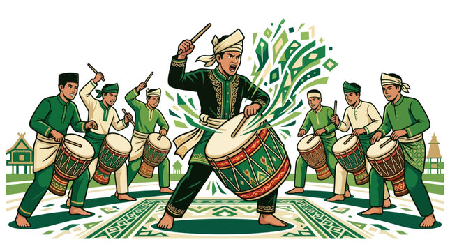 Illustration of traditional Malay musicians playing gendang drums during a cultural celebration. EPS Editable