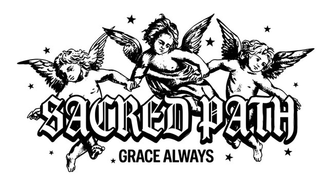 Sacred path grace always. Vintage cherub angel graphic design for t shirt print, poster, sticker. Streetwear aesthetic artwork.